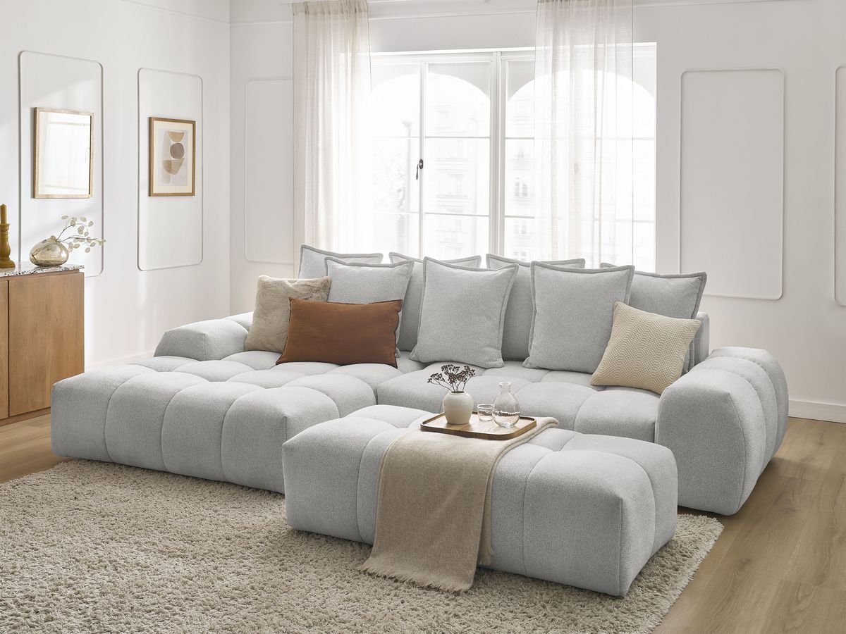 Canapé d'angle convertible coffre EVEREST tissu chiné avec pouf - Image 68