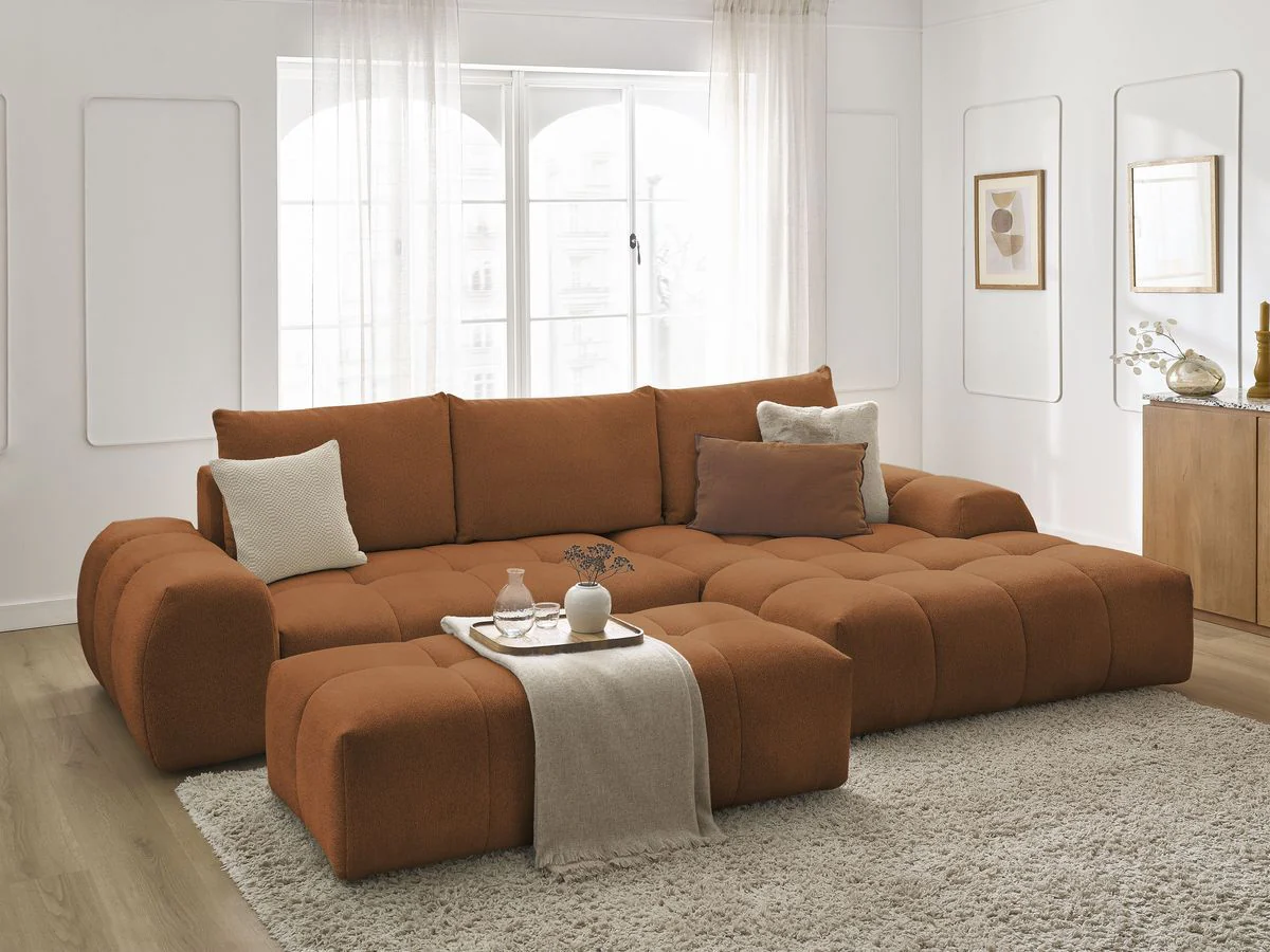 Canapé d'angle convertible coffre EVEREST tissu chiné avec pouf - Image 7