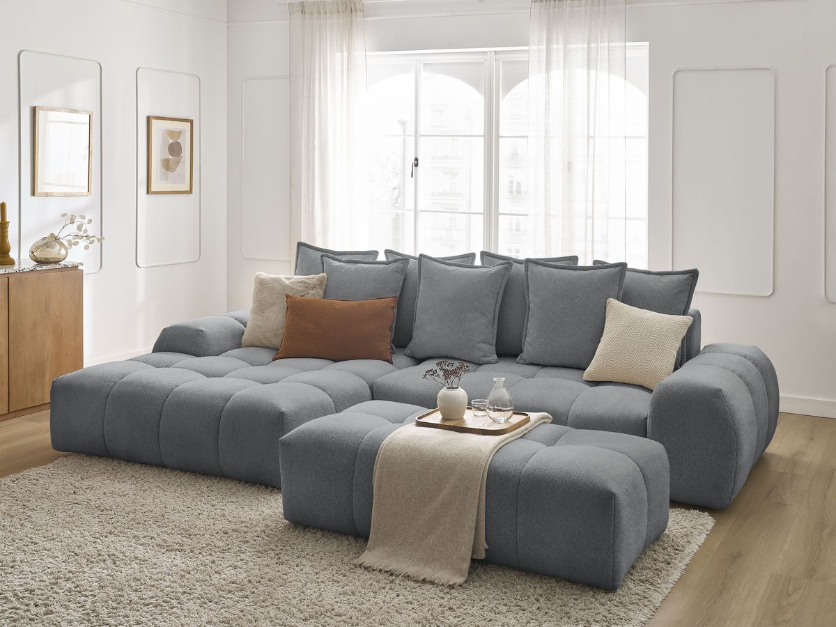 Canapé d'angle convertible coffre EVEREST tissu chiné avec pouf - Image 70