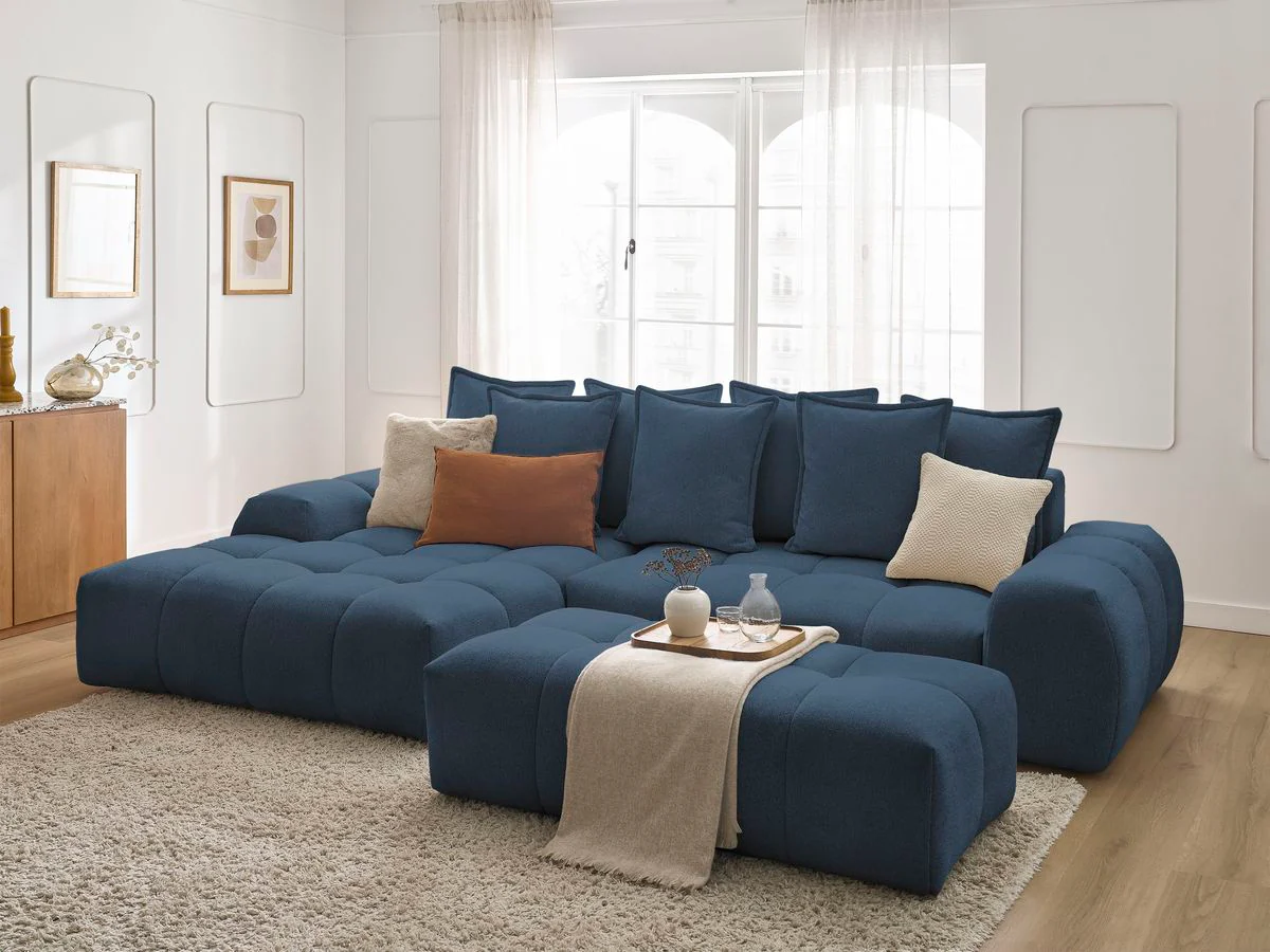 Canapé d'angle convertible coffre EVEREST tissu chiné avec pouf - Image 72