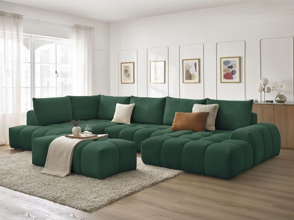 Canapé panoramique convertible coffre EVEREST tissu texturé avec pouf - Image 10