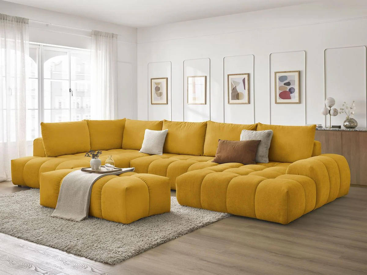 Canapé panoramique convertible coffre EVEREST tissu texturé avec pouf - Image 12