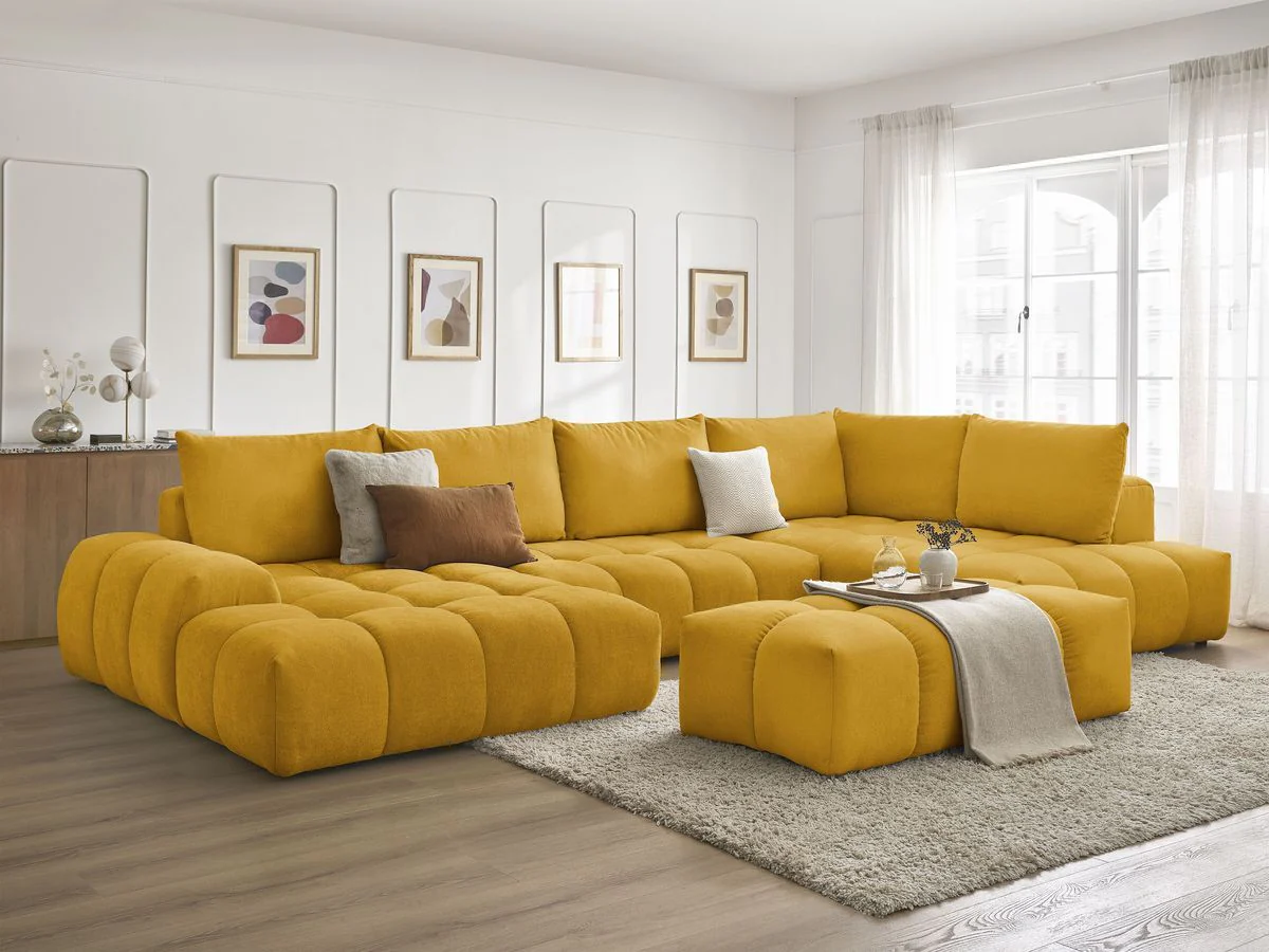 Canapé panoramique convertible coffre EVEREST tissu texturé avec pouf - Image 13