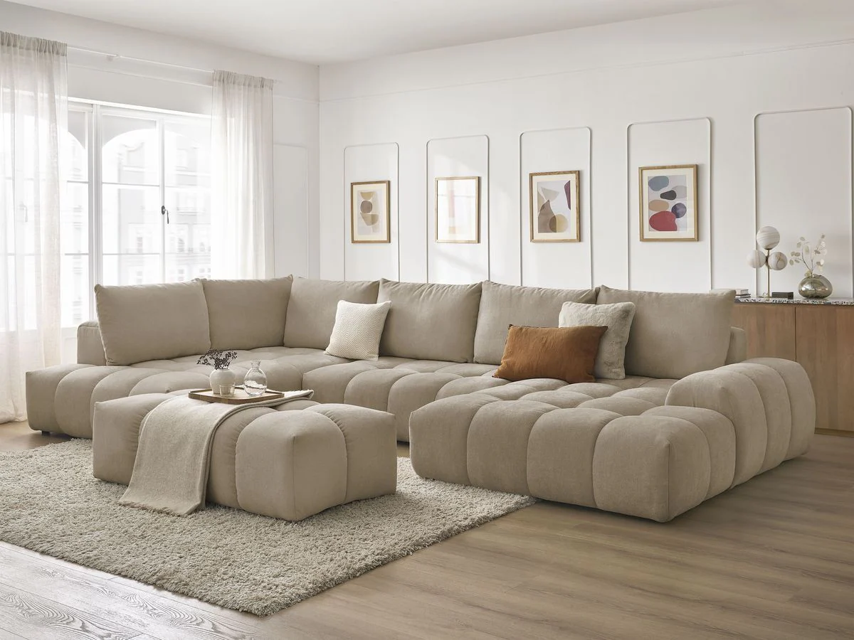 Canapé panoramique convertible coffre EVEREST tissu texturé avec pouf - Image 16