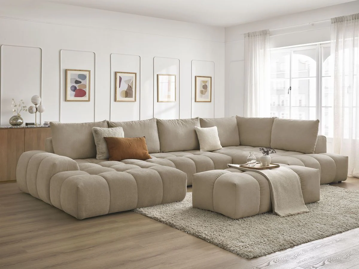 Canapé panoramique convertible coffre EVEREST tissu texturé avec pouf - Image 17