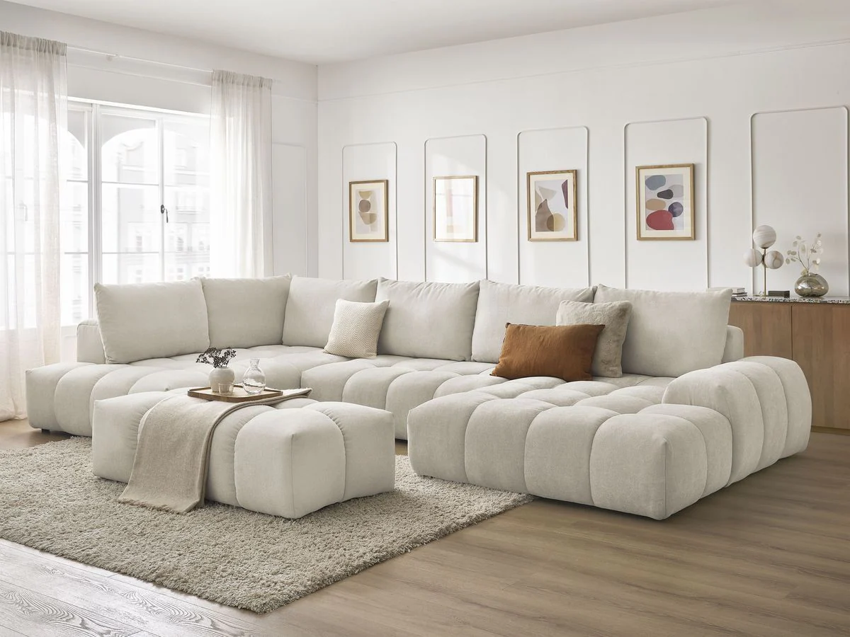 Canapé panoramique convertible coffre EVEREST tissu texturé avec pouf - Image 18