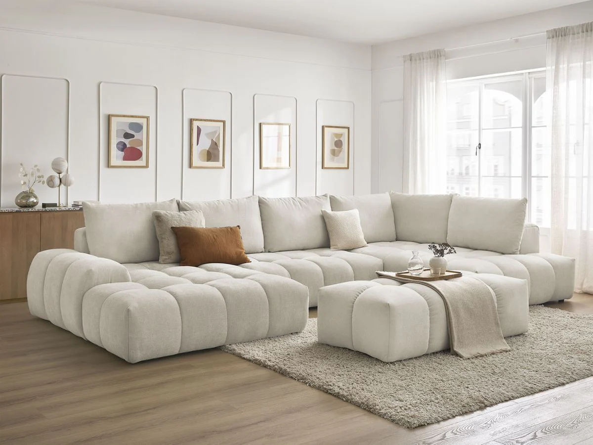 Canapé panoramique convertible coffre EVEREST tissu texturé avec pouf - Image 19
