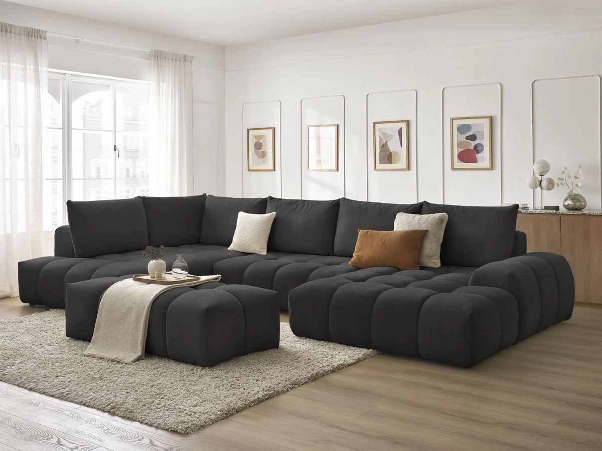 Canapé panoramique convertible coffre EVEREST tissu texturé avec pouf - Image 20