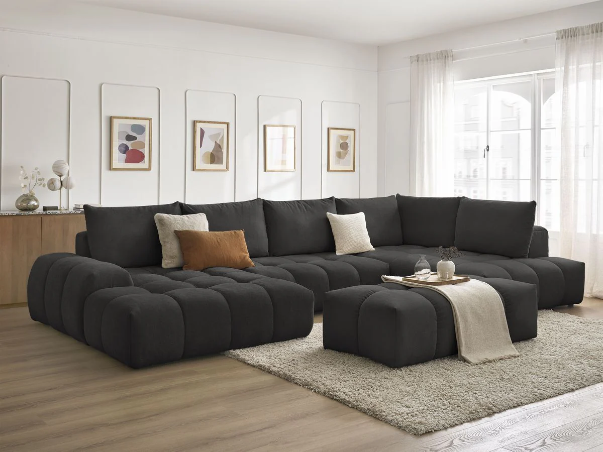 Canapé panoramique convertible coffre EVEREST tissu texturé avec pouf - Image 21