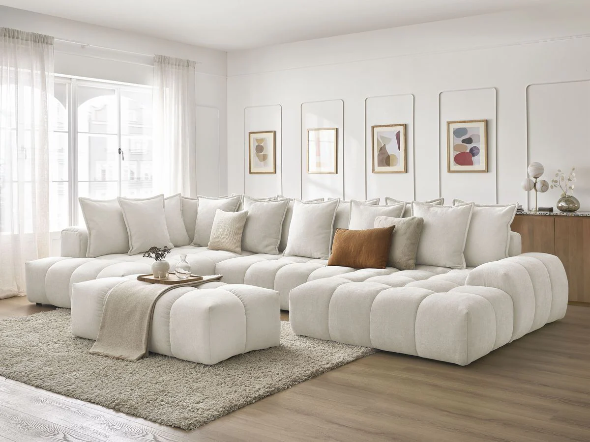 Canapé panoramique convertible coffre EVEREST tissu texturé avec pouf - Image 22