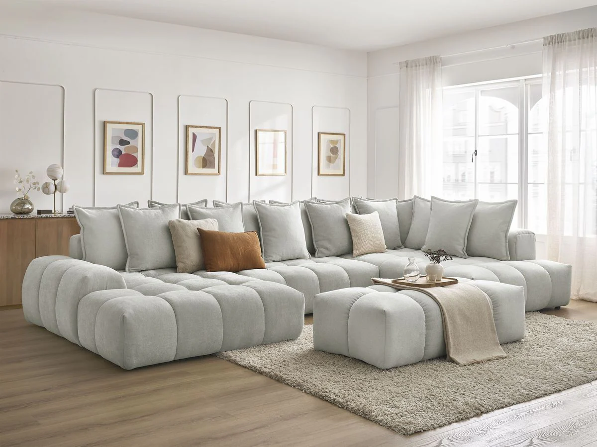 Canapé panoramique convertible coffre EVEREST tissu texturé avec pouf - Image 25