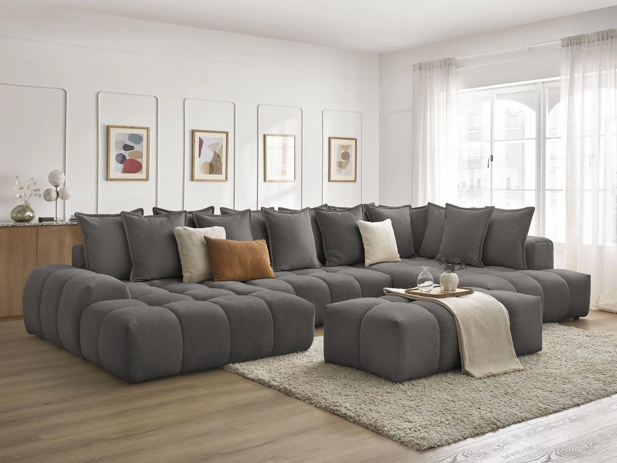 Canapé panoramique convertible coffre EVEREST tissu texturé avec pouf - Image 27