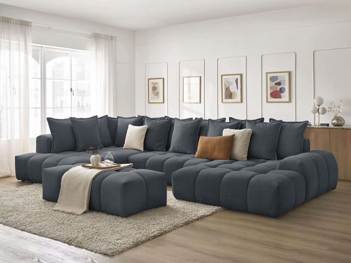 Canapé panoramique convertible coffre EVEREST tissu texturé avec pouf - Image 28