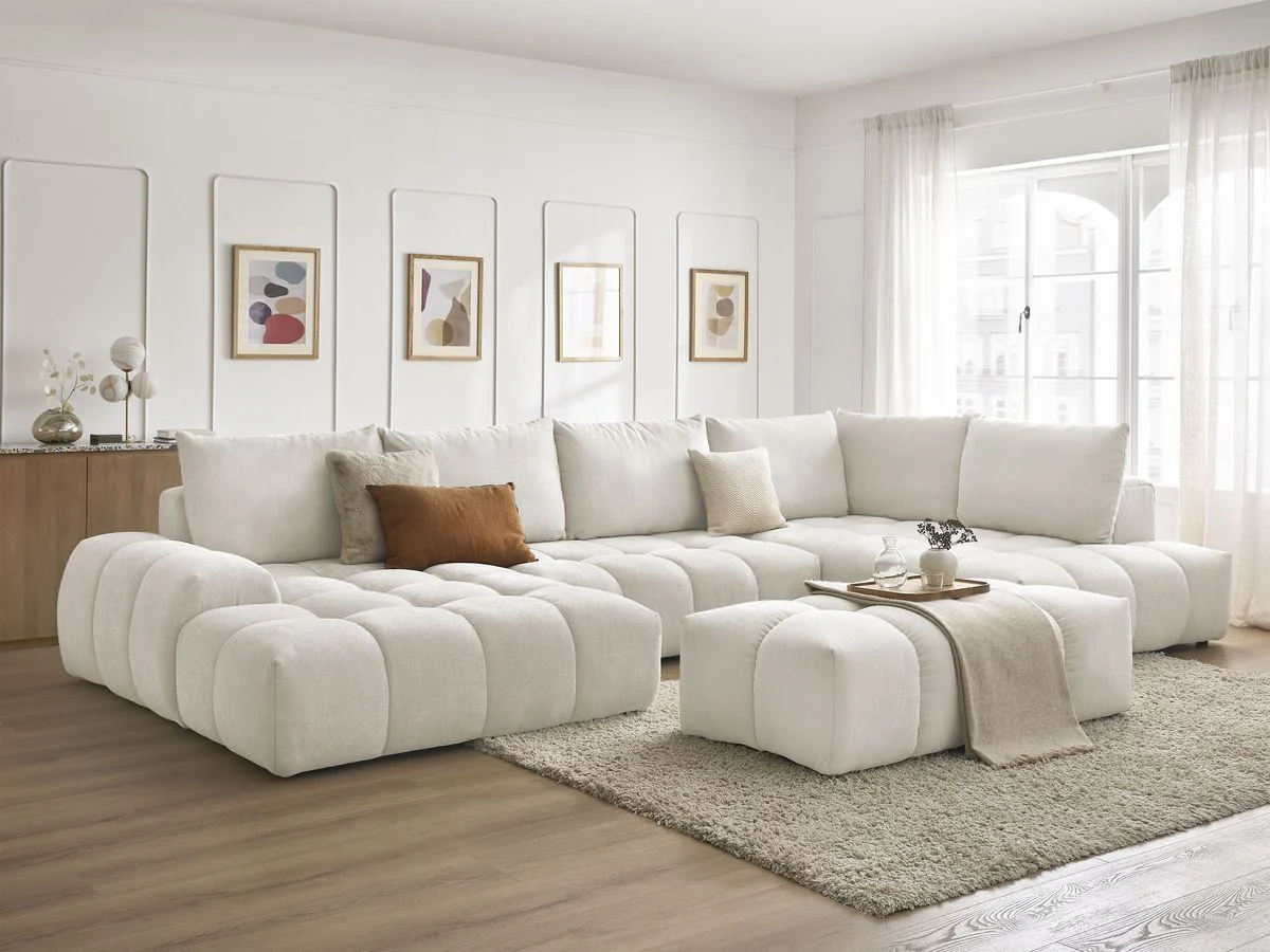 Canapé panoramique convertible coffre EVEREST tissu texturé avec pouf - Image 3