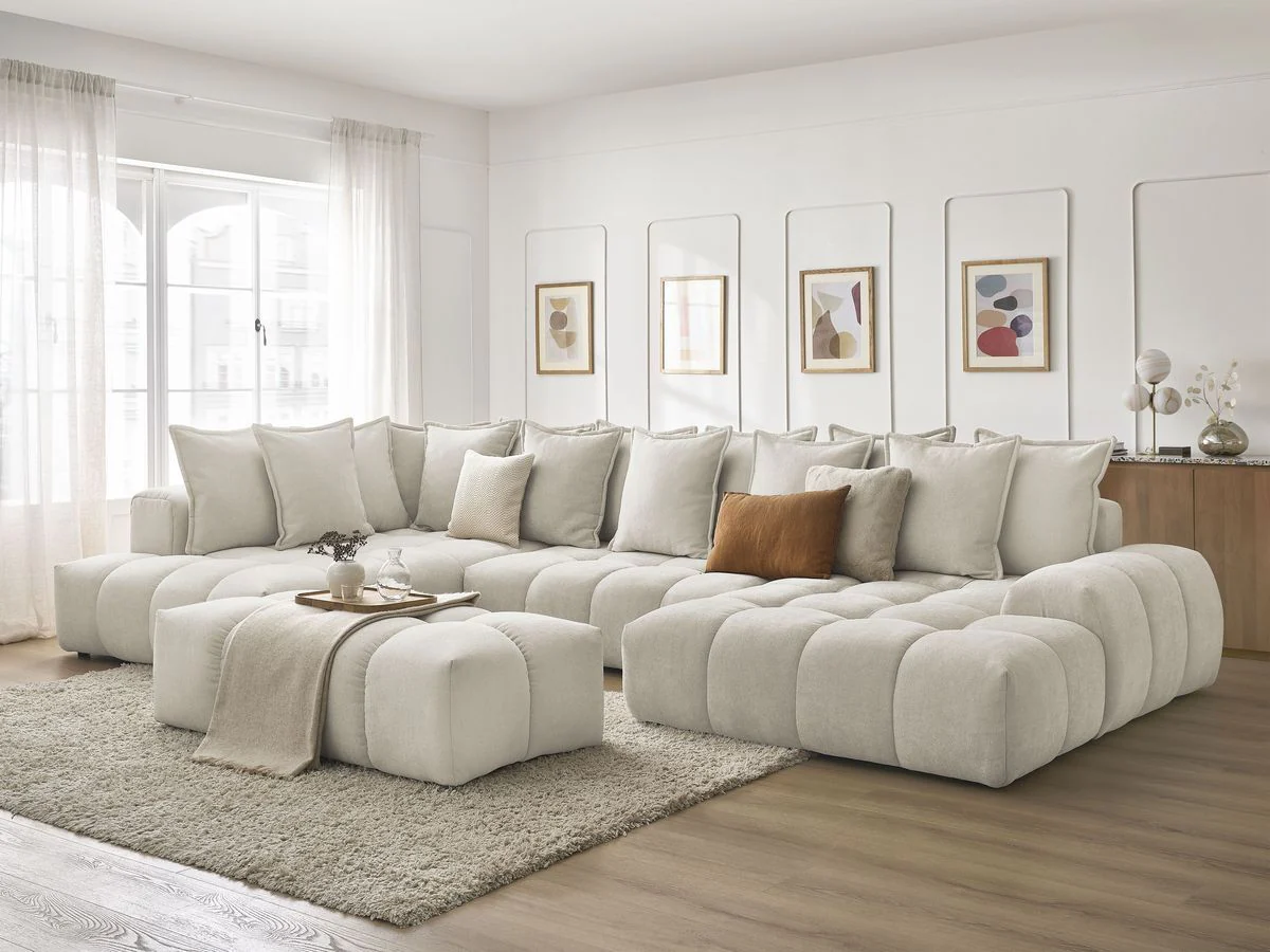 Canapé panoramique convertible coffre EVEREST tissu texturé avec pouf - Image 38