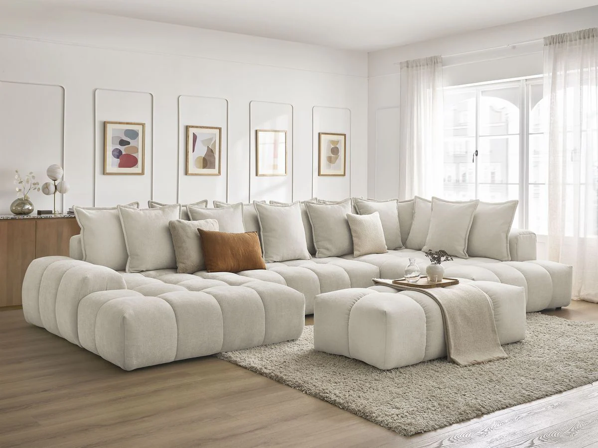 Canapé panoramique convertible coffre EVEREST tissu texturé avec pouf - Image 39