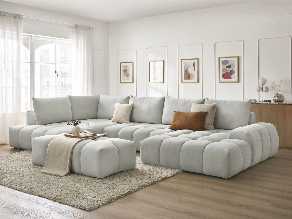 Canapé panoramique convertible coffre EVEREST tissu texturé avec pouf - Image 4