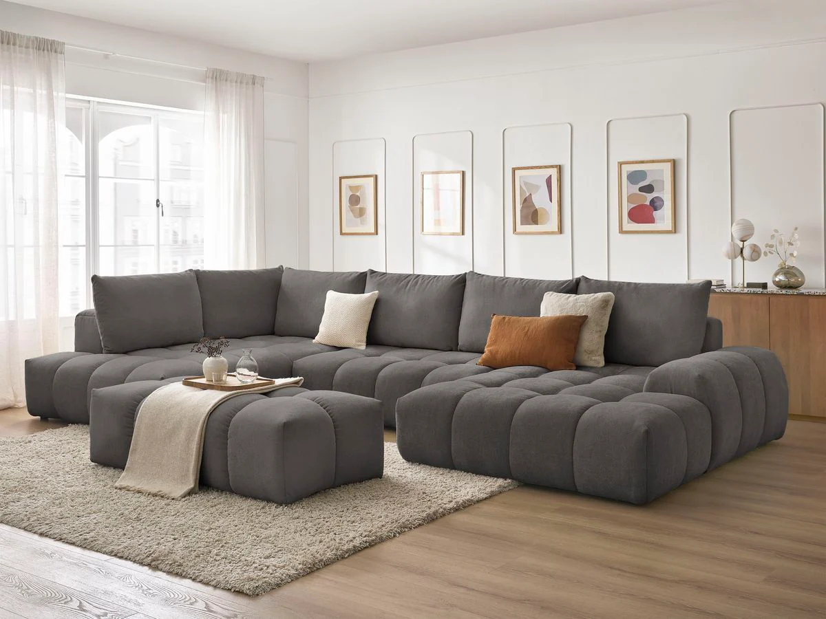 Canapé panoramique convertible coffre EVEREST tissu texturé avec pouf - Image 46