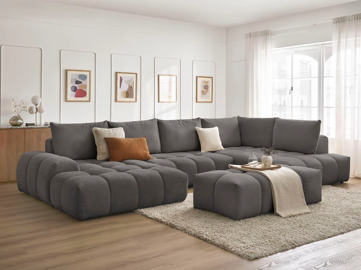 Canapé panoramique convertible coffre EVEREST tissu texturé avec pouf - Image 47