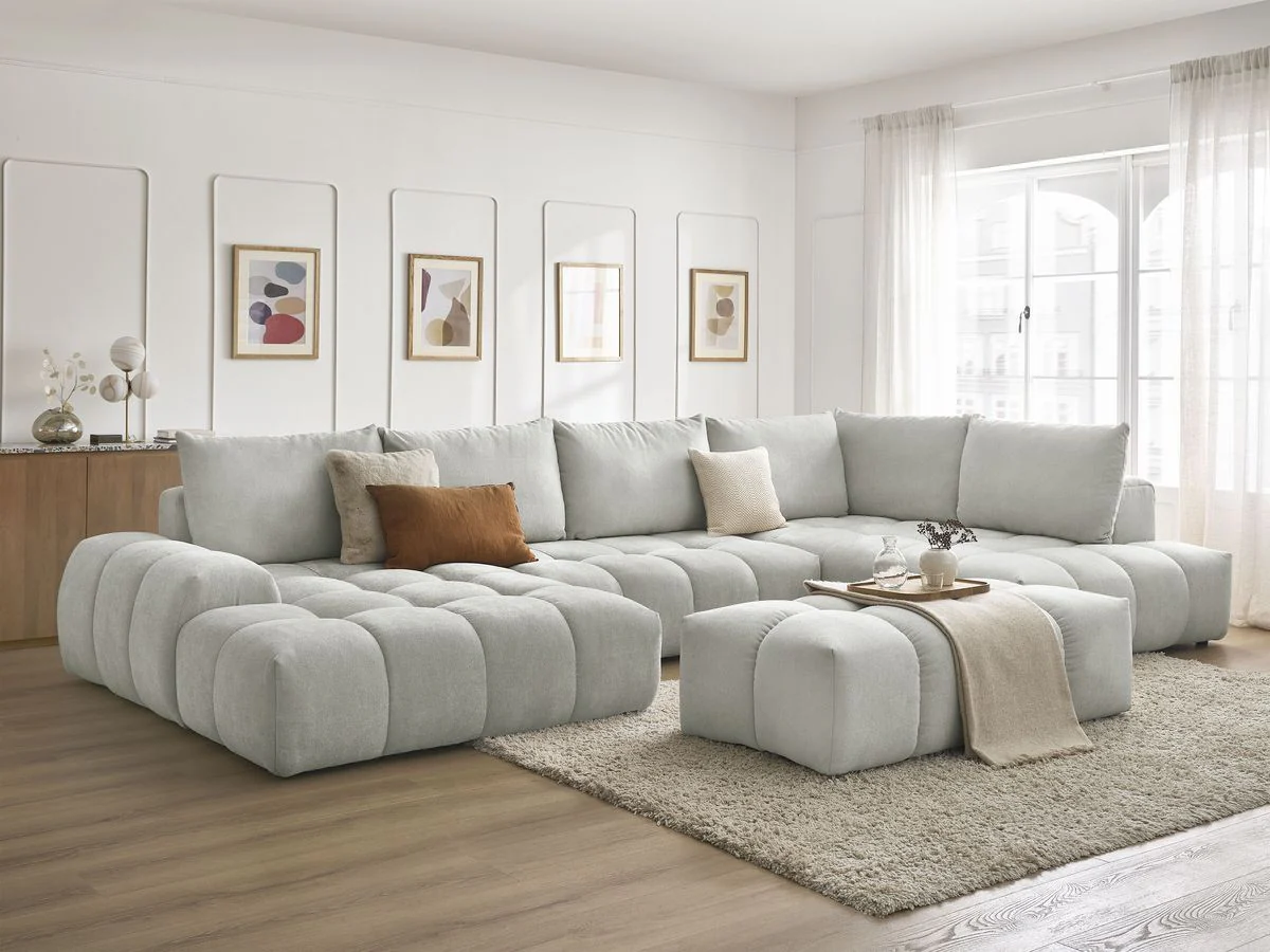 Canapé panoramique convertible coffre EVEREST tissu texturé avec pouf - Image 5