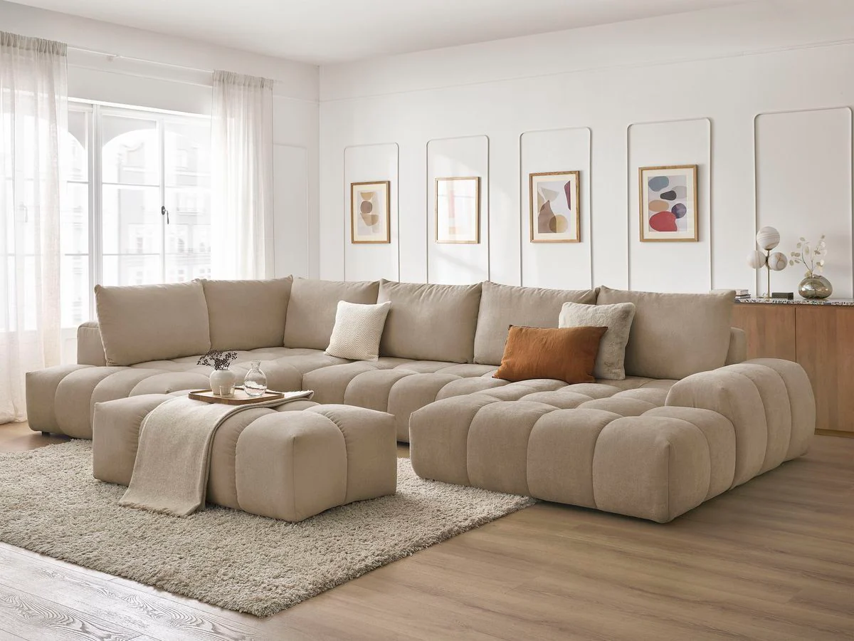 Canapé panoramique convertible coffre EVEREST tissu texturé avec pouf - Image 56
