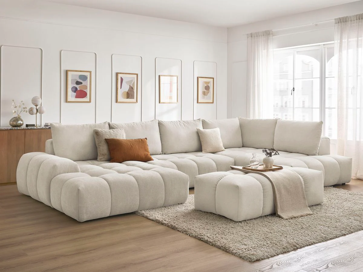 Canapé panoramique convertible coffre EVEREST tissu texturé avec pouf - Image 59