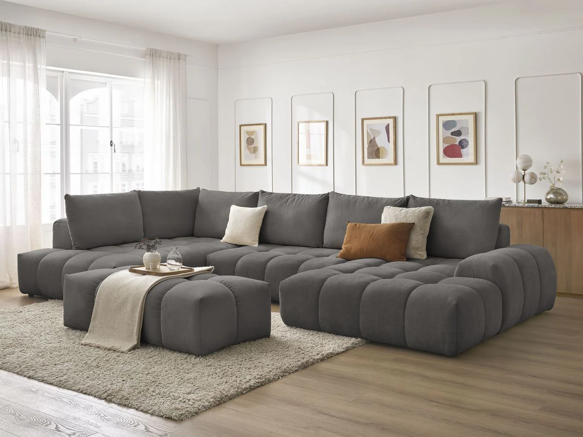 Canapé panoramique convertible coffre EVEREST tissu texturé avec pouf - Image 6
