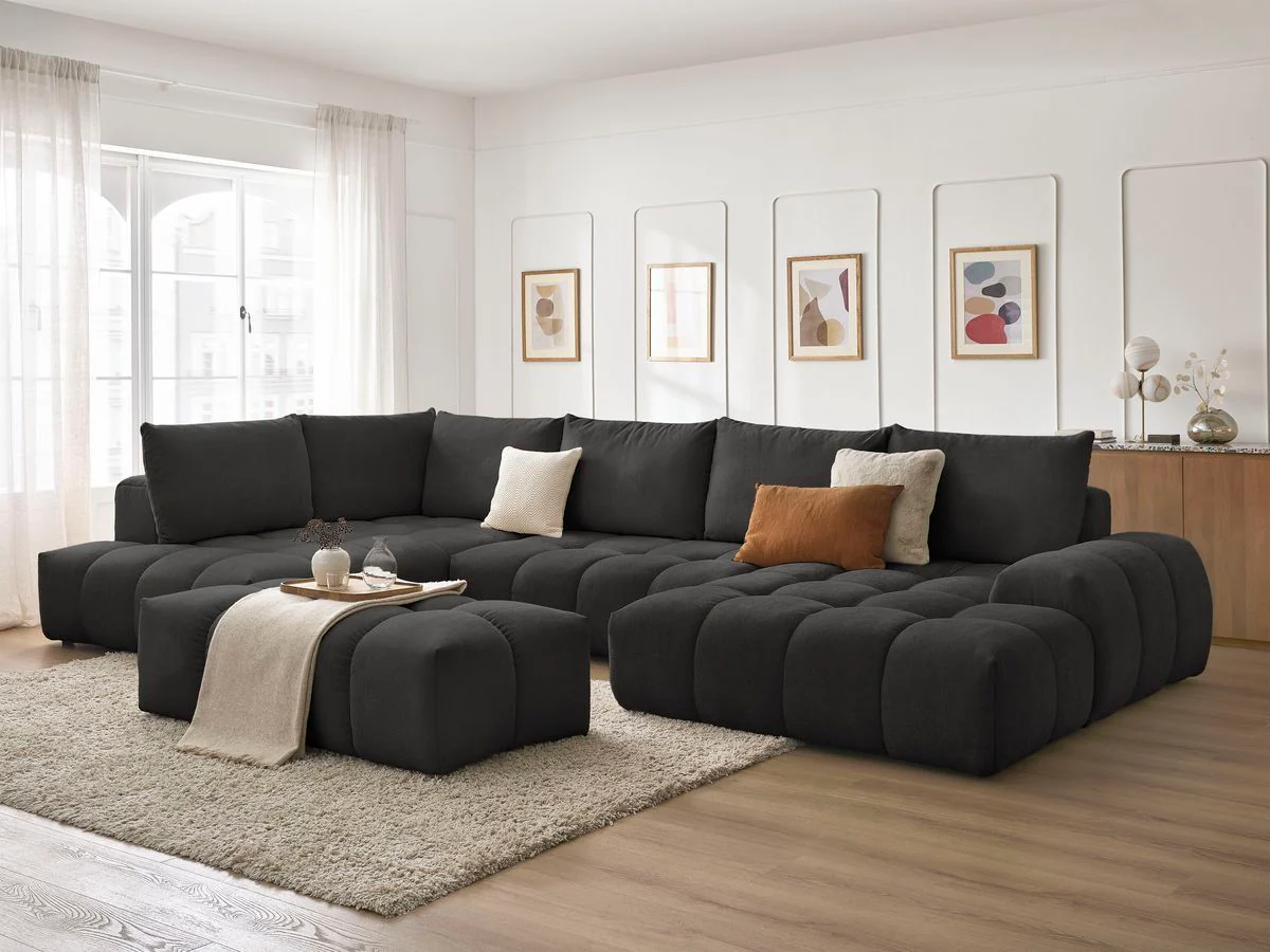 Canapé panoramique convertible coffre EVEREST tissu texturé avec pouf - Image 60