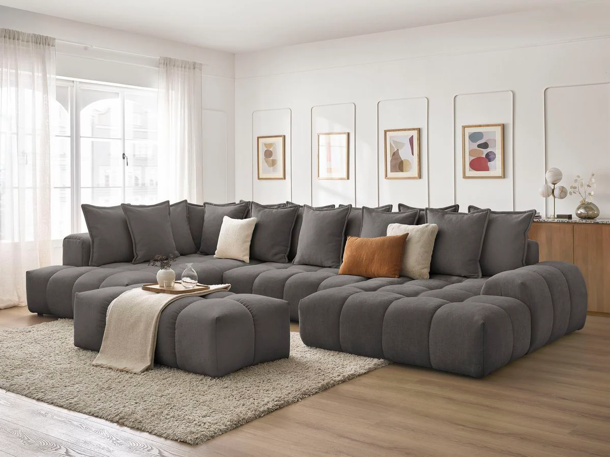 Canapé panoramique convertible coffre EVEREST tissu texturé avec pouf - Image 66
