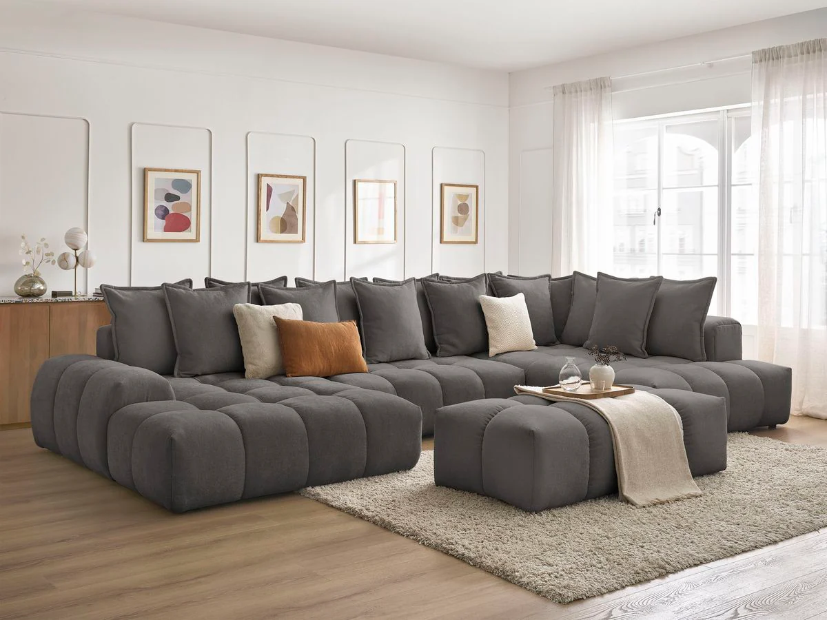 Canapé panoramique convertible coffre EVEREST tissu texturé avec pouf - Image 67