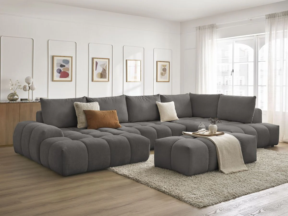 Canapé panoramique convertible coffre EVEREST tissu texturé avec pouf - Image 7