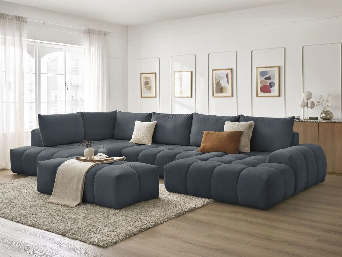 Canapé panoramique convertible coffre EVEREST tissu texturé avec pouf - Image 8