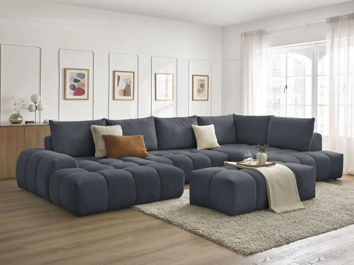 Canapé panoramique convertible coffre EVEREST tissu texturé avec pouf - Image 9