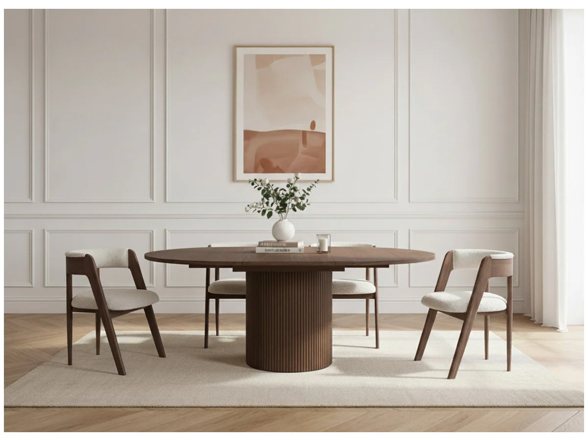 Ensemble SORMIOU avec table à manger ronde extensible 130 à 180 cm + lot de chaises BASTIDE placage chêne massif - Image 3
