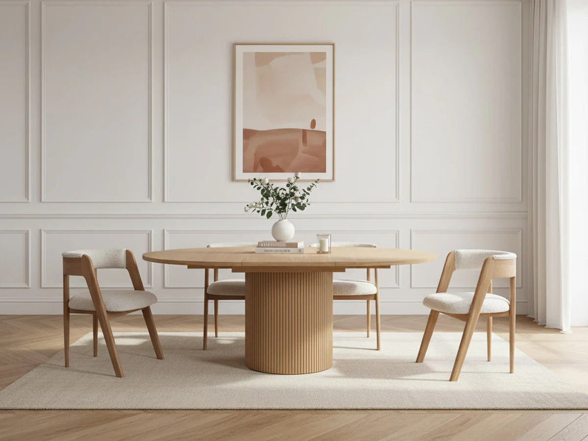 Ensemble SORMIOU avec table à manger ronde extensible 130 à 180 cm + lot de chaises BASTIDE placage chêne massif - Image 4