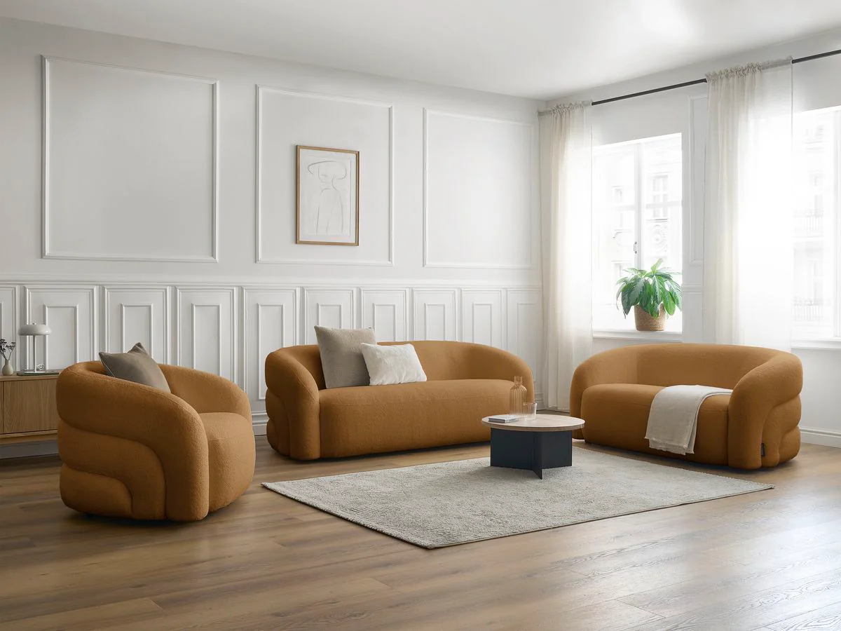 Ensemble canapé droit fixe 3 + 2 places + fauteuil pivotant ELINA tissu bouclette - Image 10