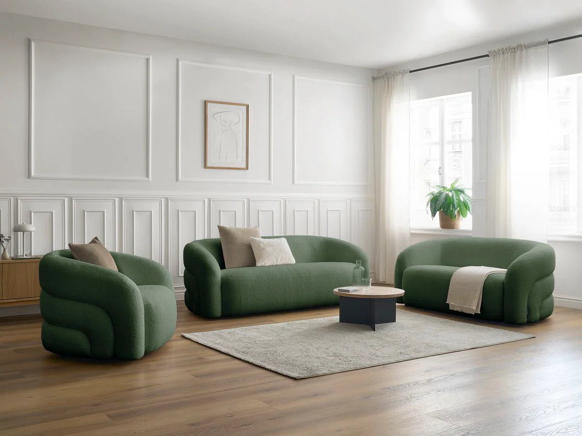 Ensemble canapé droit fixe 3 + 2 places + fauteuil pivotant ELINA tissu bouclette - Image 12
