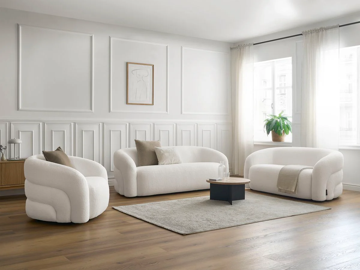 Ensemble canapé droit fixe 3 + 2 places + fauteuil pivotant ELINA tissu bouclette - Image 8
