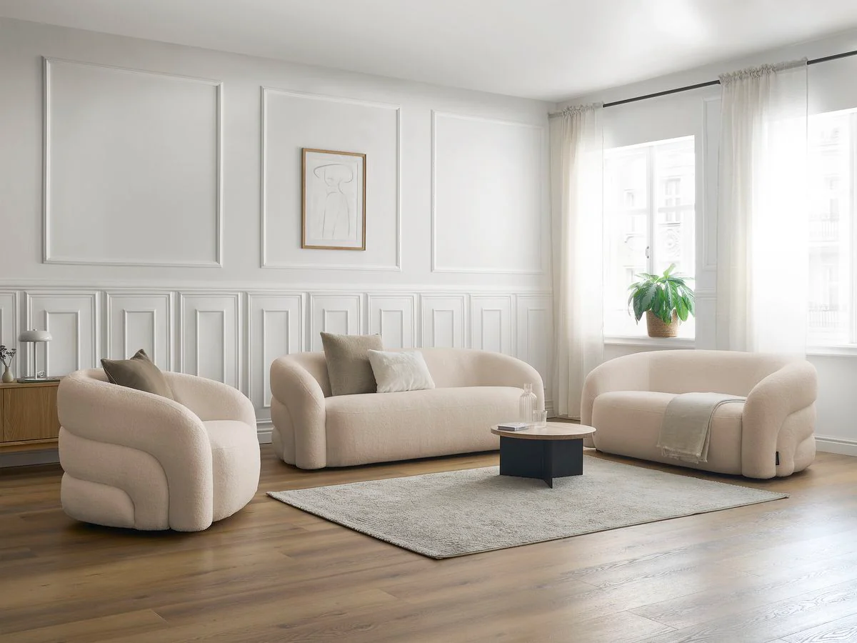 Ensemble canapé droit fixe 3 + 2 places + fauteuil pivotant ELINA tissu bouclette - Image 9
