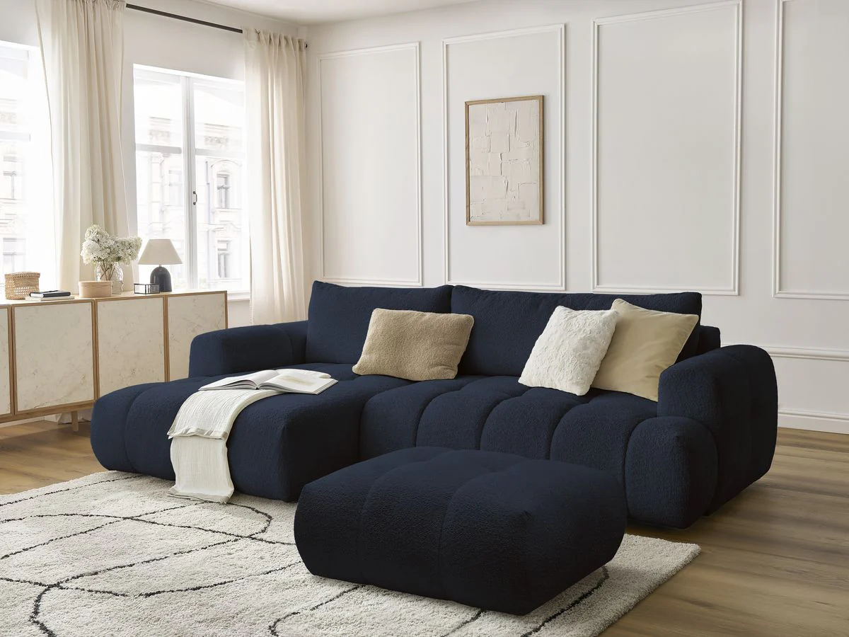 Canapé d'angle convertible FUJI tissu bouclette avec pouf - Image 14