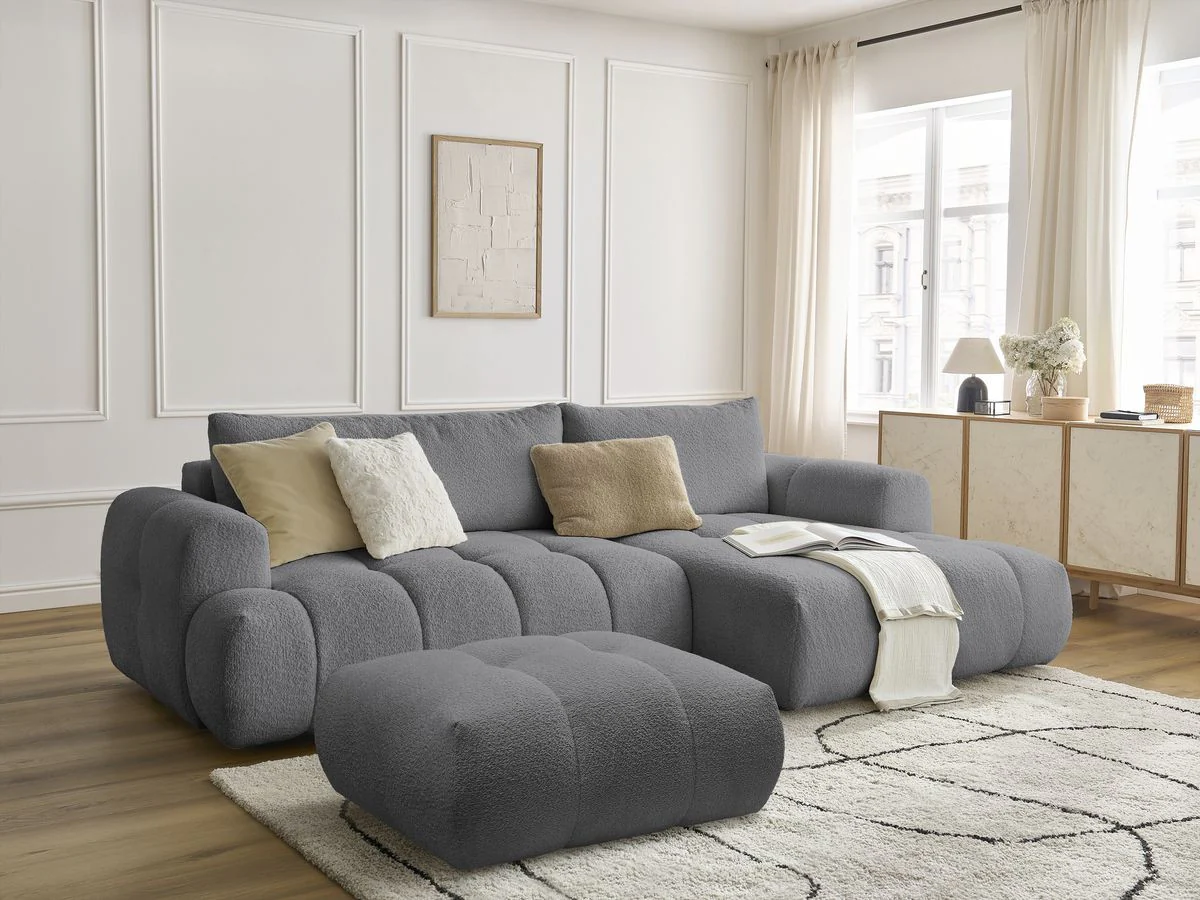 Canapé d'angle convertible FUJI tissu bouclette avec pouf - Image 17