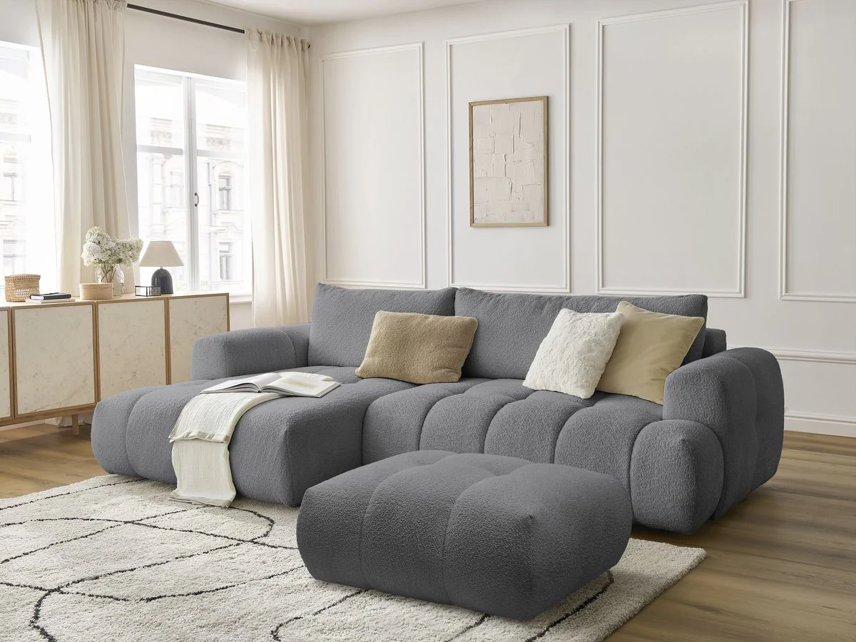 Canapé d'angle convertible FUJI tissu bouclette avec pouf - Image 18