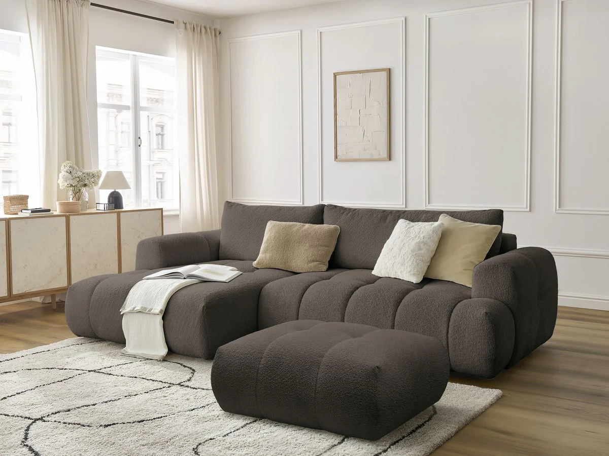 Canapé d'angle convertible FUJI tissu bouclette avec pouf - Image 19