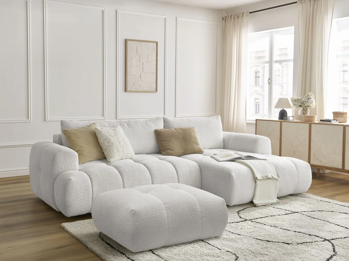 Canapé d'angle convertible FUJI tissu bouclette avec pouf - Image 20