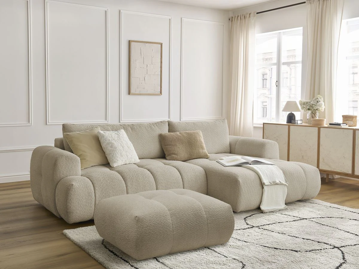 Canapé d'angle convertible FUJI tissu bouclette avec pouf - Image 22