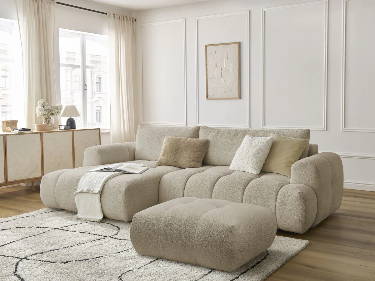 Canapé d'angle convertible FUJI tissu bouclette avec pouf - Image 23