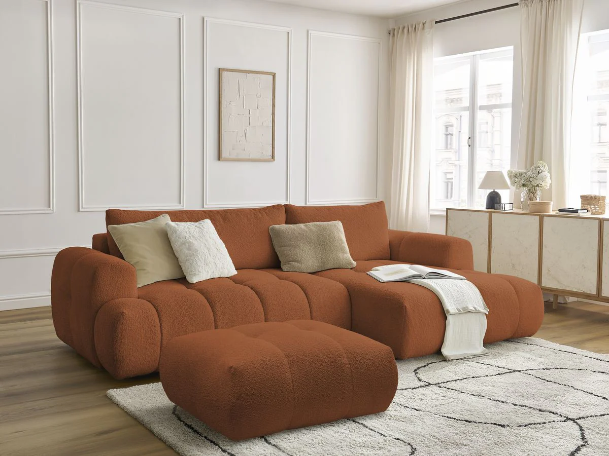 Canapé d'angle convertible FUJI tissu bouclette avec pouf - Image 25