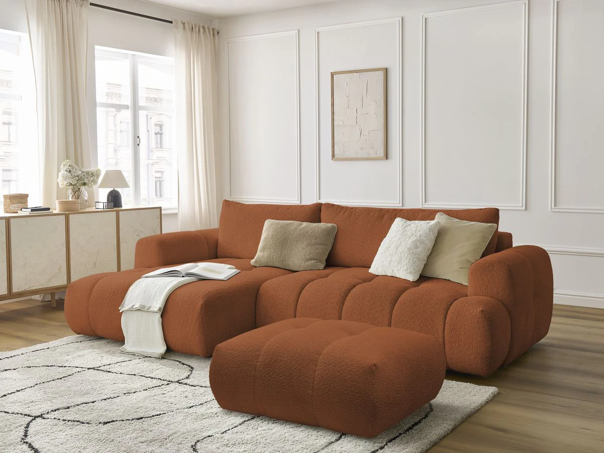 Canapé d'angle convertible FUJI tissu bouclette avec pouf - Image 26