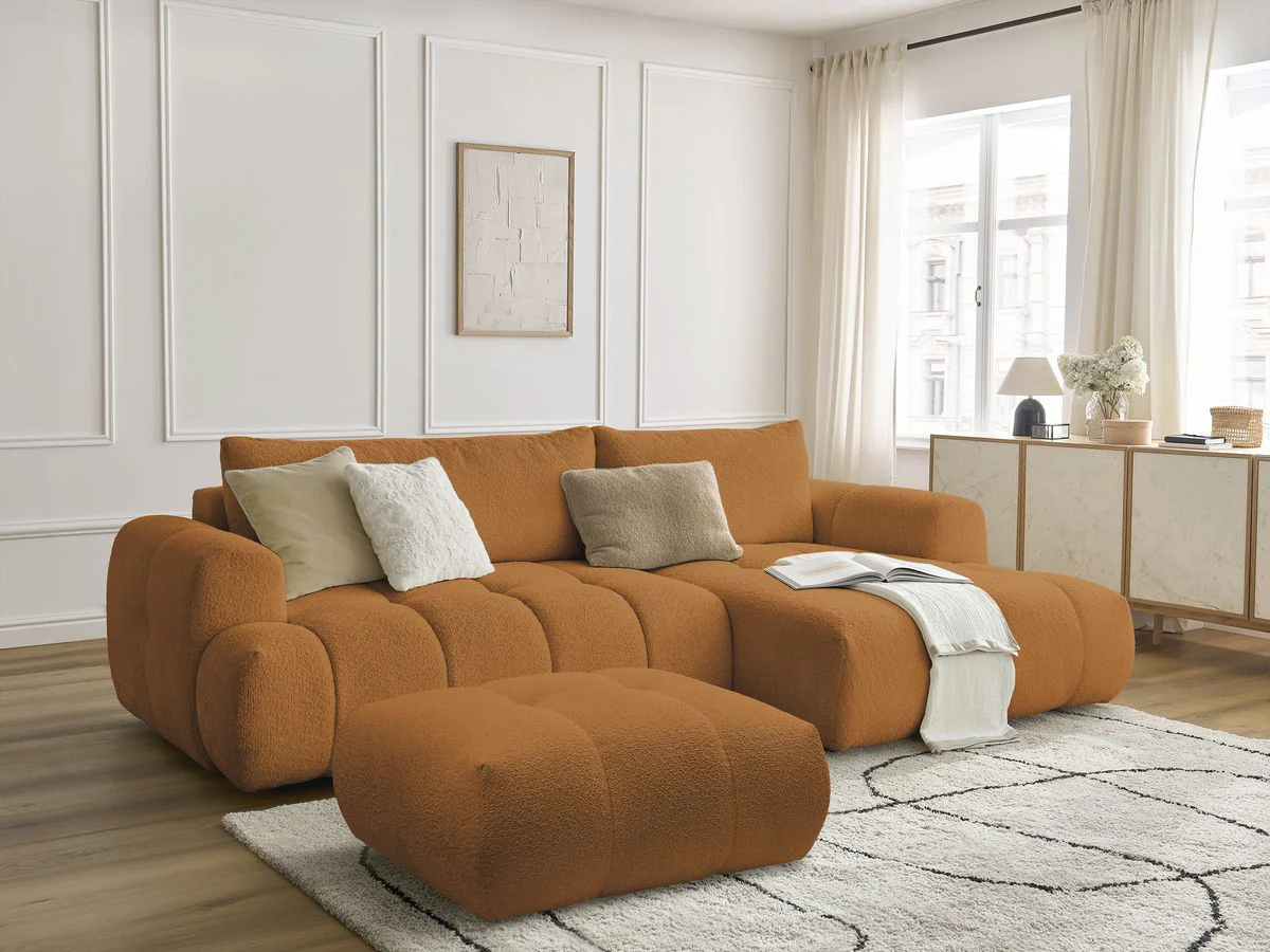 Canapé d'angle convertible FUJI tissu bouclette avec pouf - Image 27