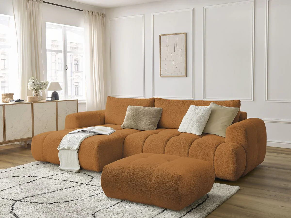 Canapé d'angle convertible FUJI tissu bouclette avec pouf - Image 28